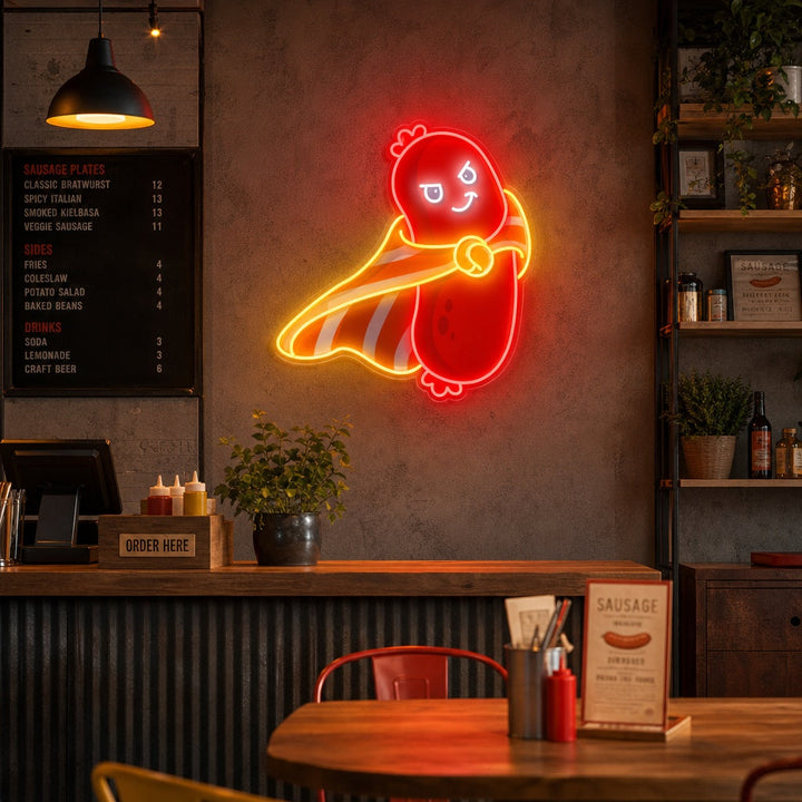 "Linda salchicha superhéroe, comida, restaurante" Letrero de neón LED impreso con UV
