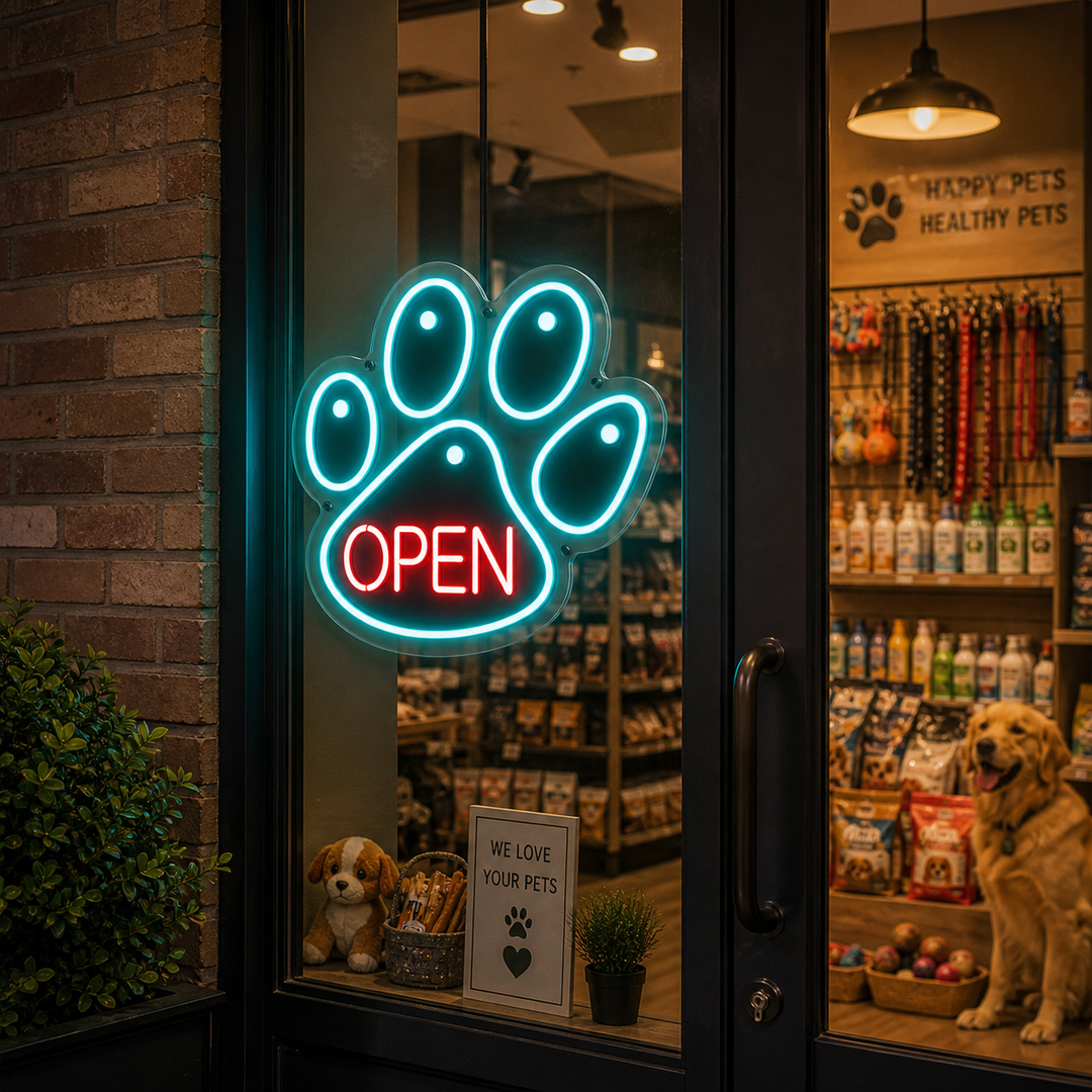 "Garra De Perro, Mascota, Tienda De Cuidado Veterinario Para Perros, Logotipo Abierto" Letreros Neon