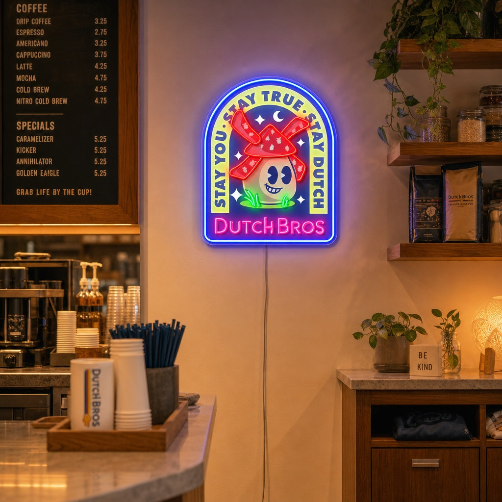 "Dutch Coffee, molinos de viento" Letrero de neón LED impreso con UV