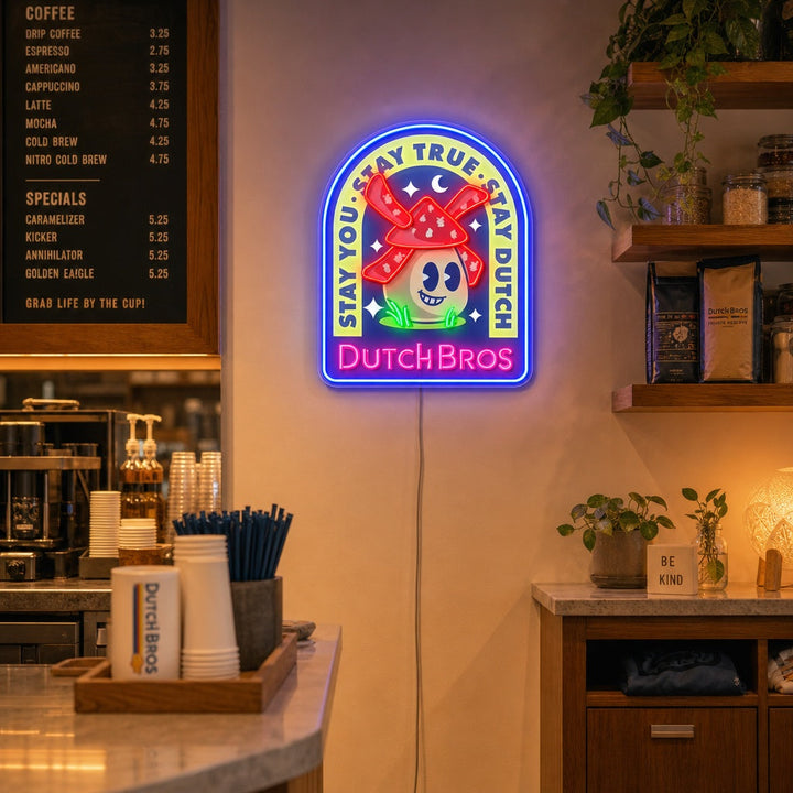 "Dutch Coffee, molinos de viento" Letrero de neón LED impreso con UV