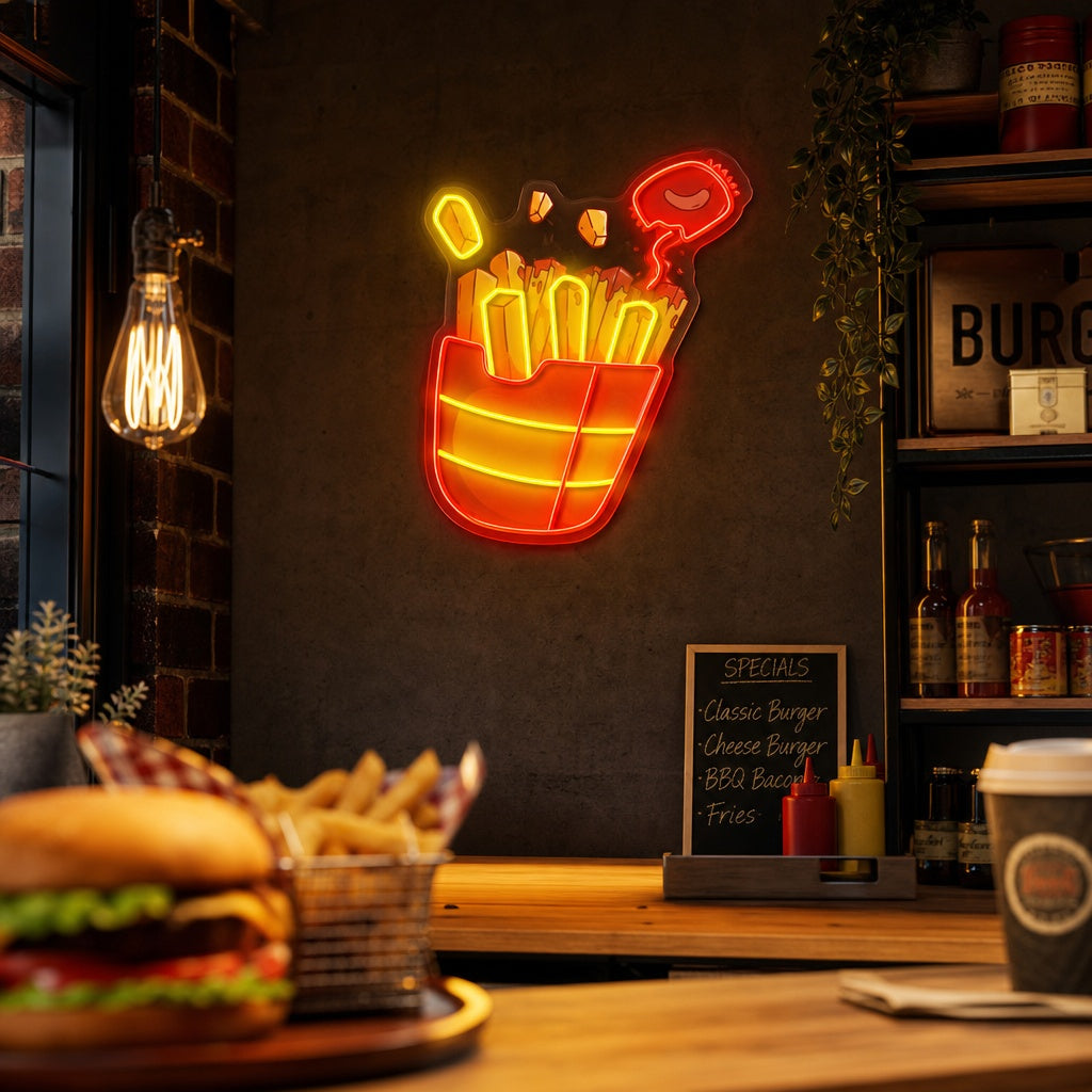 "Papas fritas con salsa de chile, comida rápida" Letrero de neón LED impreso con UV