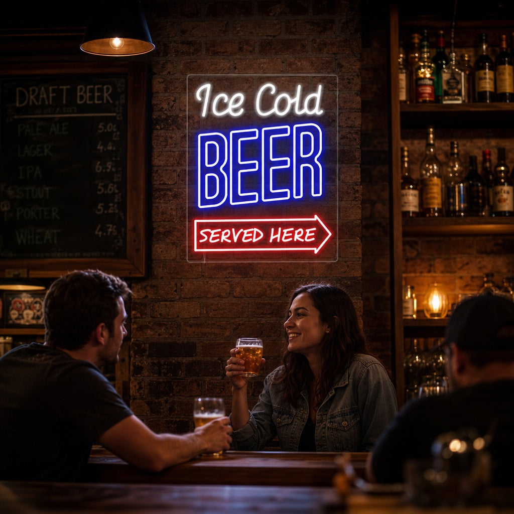 "Ice Cold Beer Served Here Bar" Letreros Neon