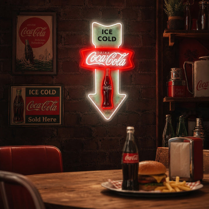 "Ice Cold Coca Cola, flecha de restaurante vintage" Letrero de neón LED impreso con UV