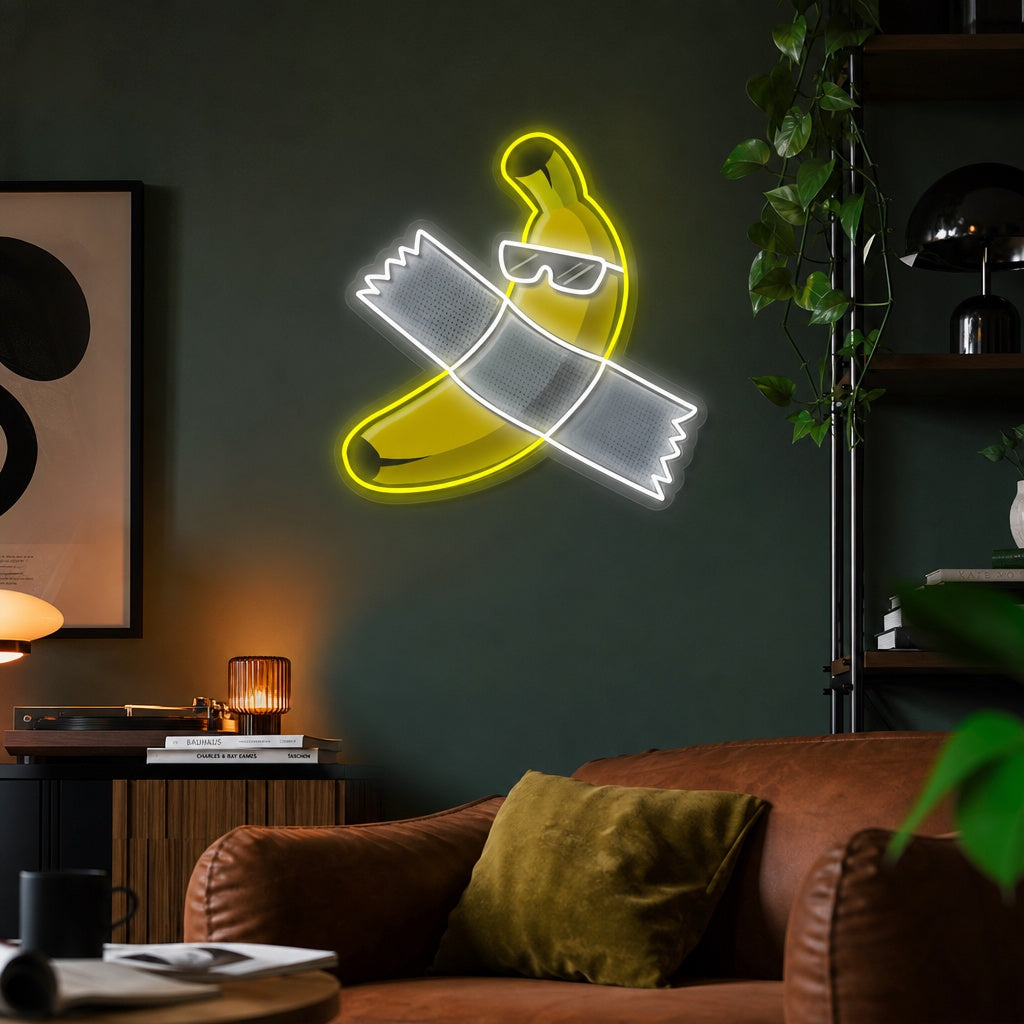 "¿Es este arte, plátano con cinta?" Letrero de neón LED impreso con UV