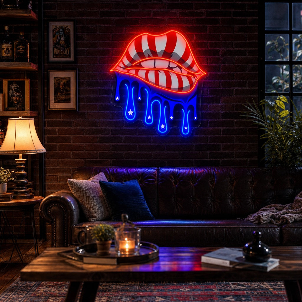 "Labios con bandera americana goteando" Letrero de neón LED impreso con UV