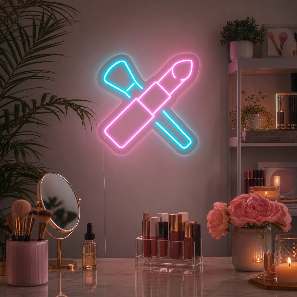 "Brochas De Maquillaje, Lápiz Labial" Letreros Neon