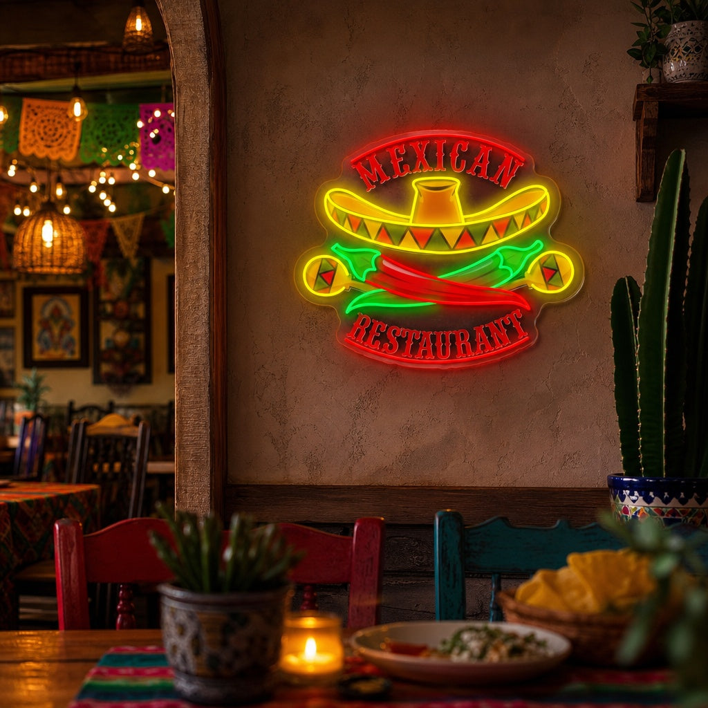 "Restaurante mexicano Sombro Maracas Pepper" Letrero de neón LED impreso con UV