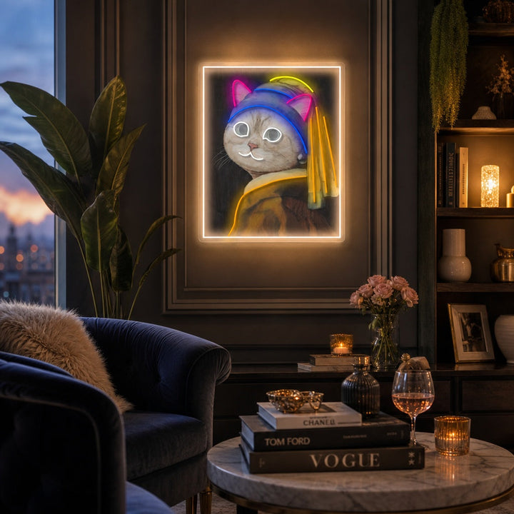 "Pearl Earring Cat Lady" Letrero de neón LED impreso con UV