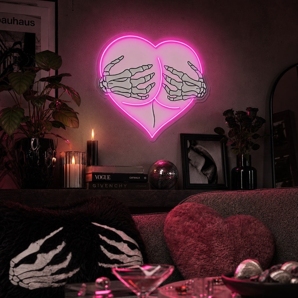 "Manos de esqueleto de abrazo de corazón de corazón rosa" Letrero de neón LED impreso con UV