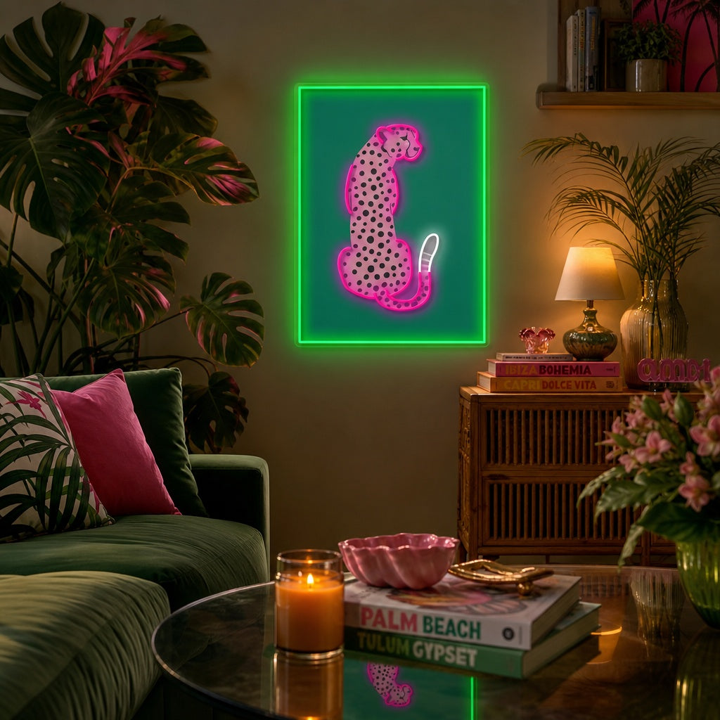 "Leopardo Pink African Cheetah Pop Tropical Pop" Letrero de neón LED impreso con UV