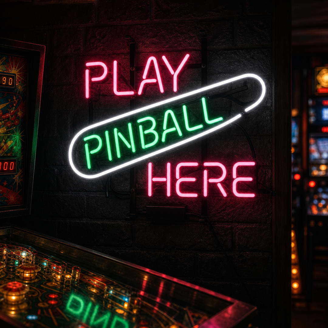 "Play Pinball Here, Sala De Juegos" Letreros Neon