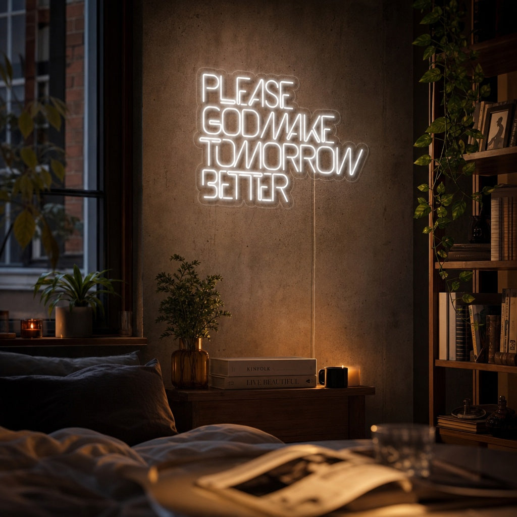 "Please God Make Tomorrow Better" Letreros Neon