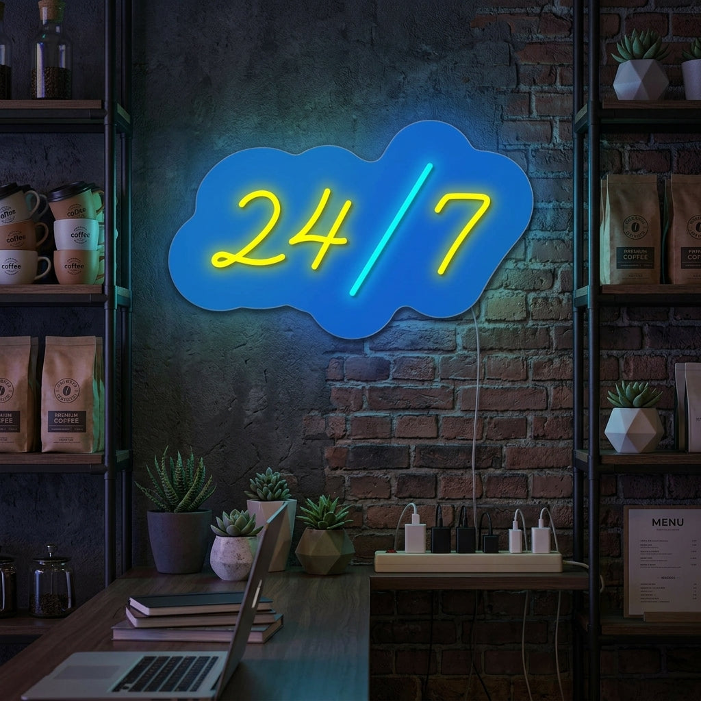 "Open 24/7" Letrero de neón