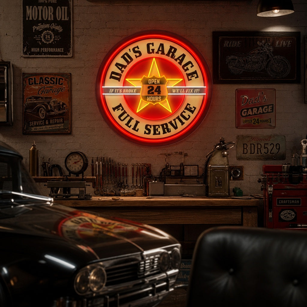 "Garaje Retro Dads, inspirado en Mobil" Letrero de neón LED impreso con UV