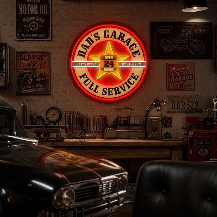 "Garaje Retro Dads, inspirado en Mobil" Letrero de neón LED impreso con UV