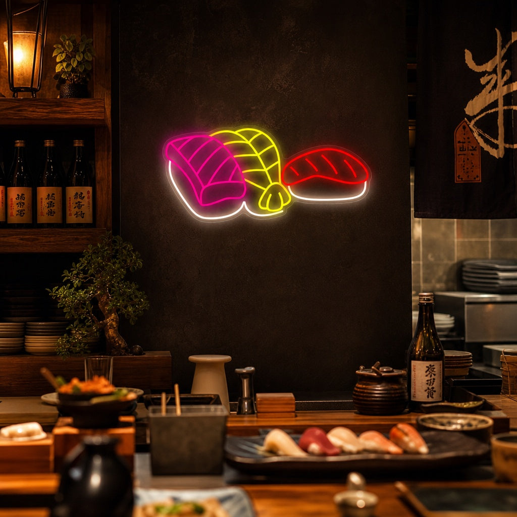 Sushi de gambas y salmón Letrero de neón, Decoración de restaurantes japoneses