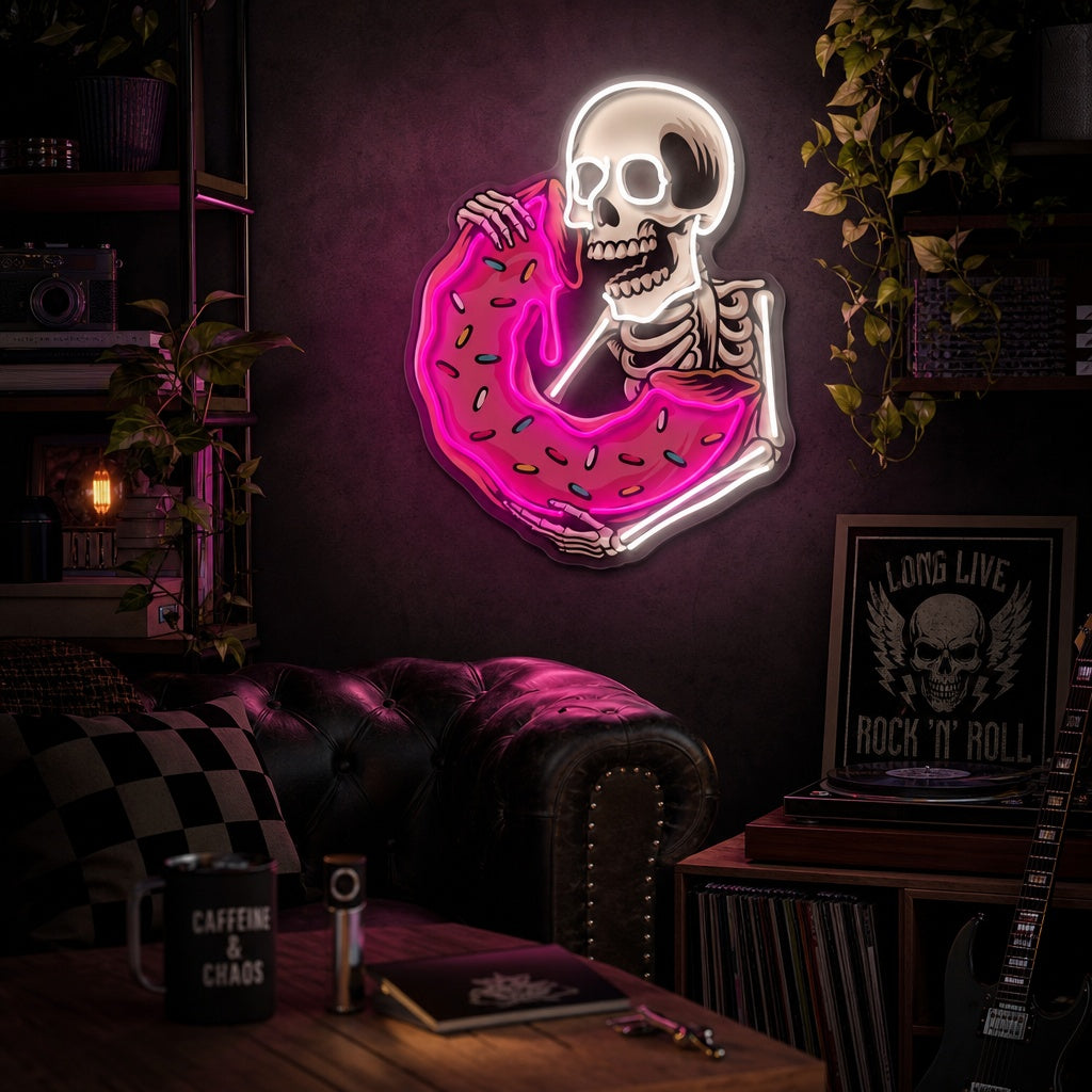 "Calavera comiendo deliciosa rosquilla" Letrero de neón LED impreso con UV