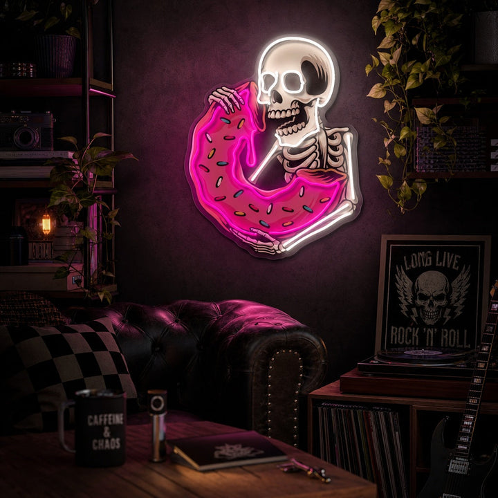 "Calavera comiendo deliciosa rosquilla" Letrero de neón LED impreso con UV
