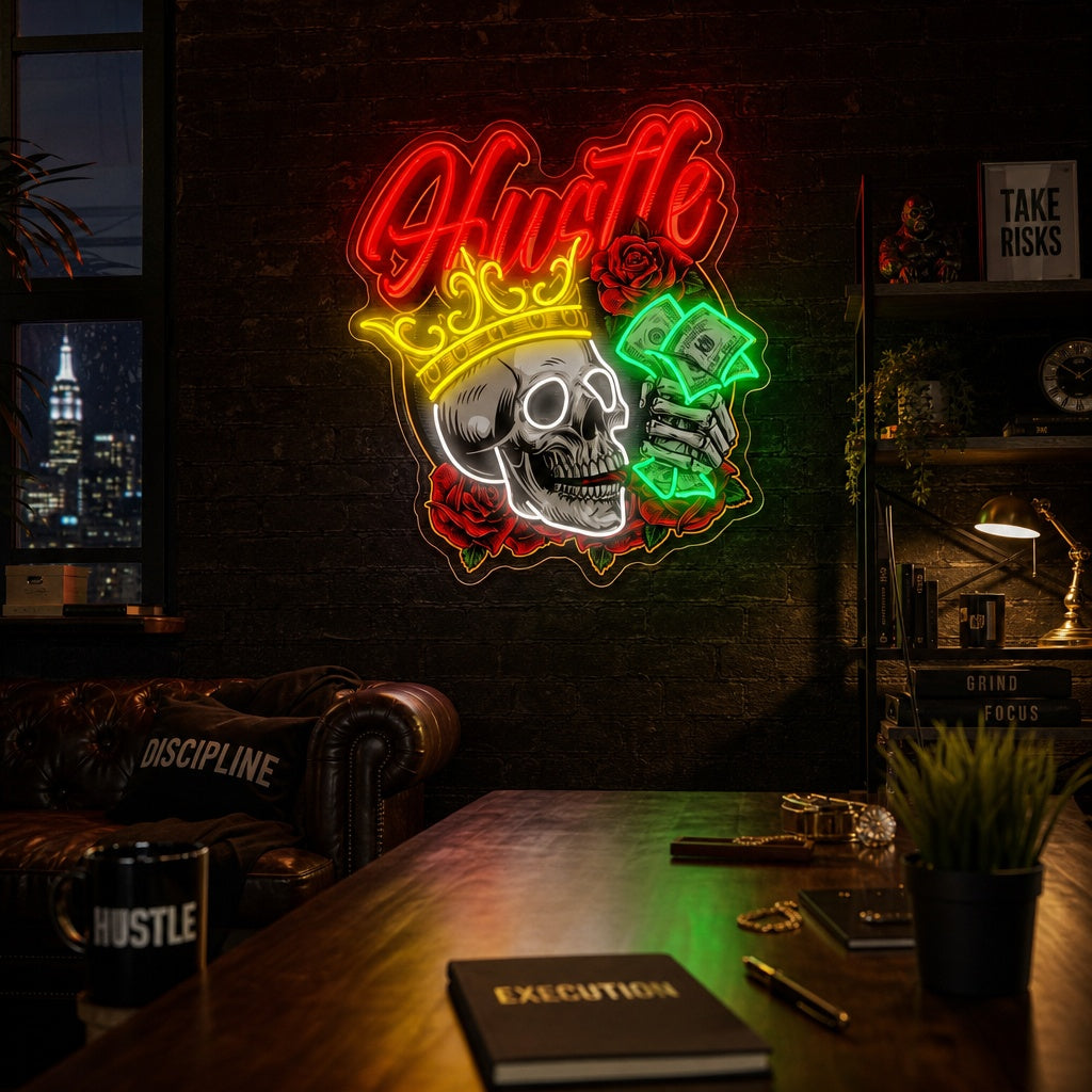 "Skull in Crown Roses Skeleton Hand Holding Dollar Billones" Letrero de neón LED impreso con UV