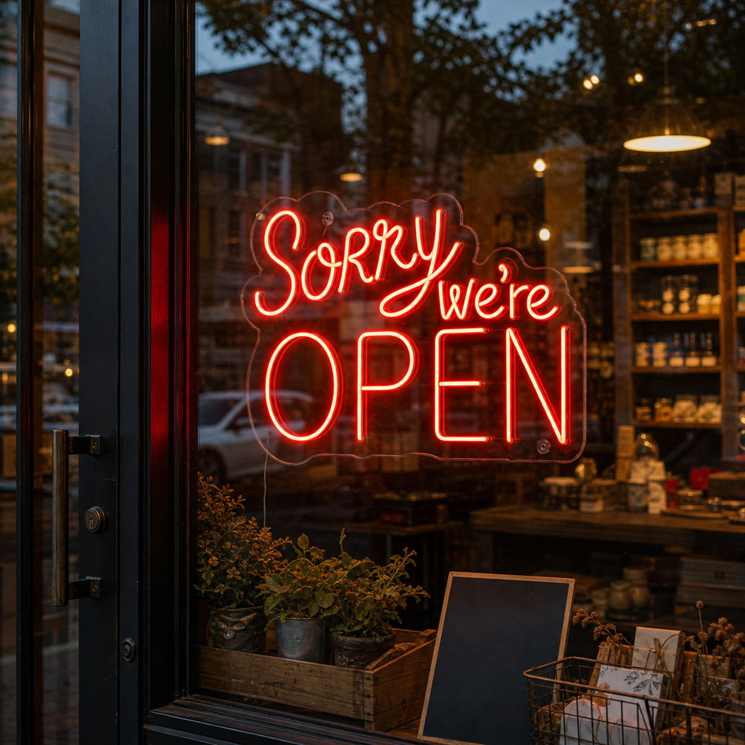 "Sorry We Are Open" Letreros Neon