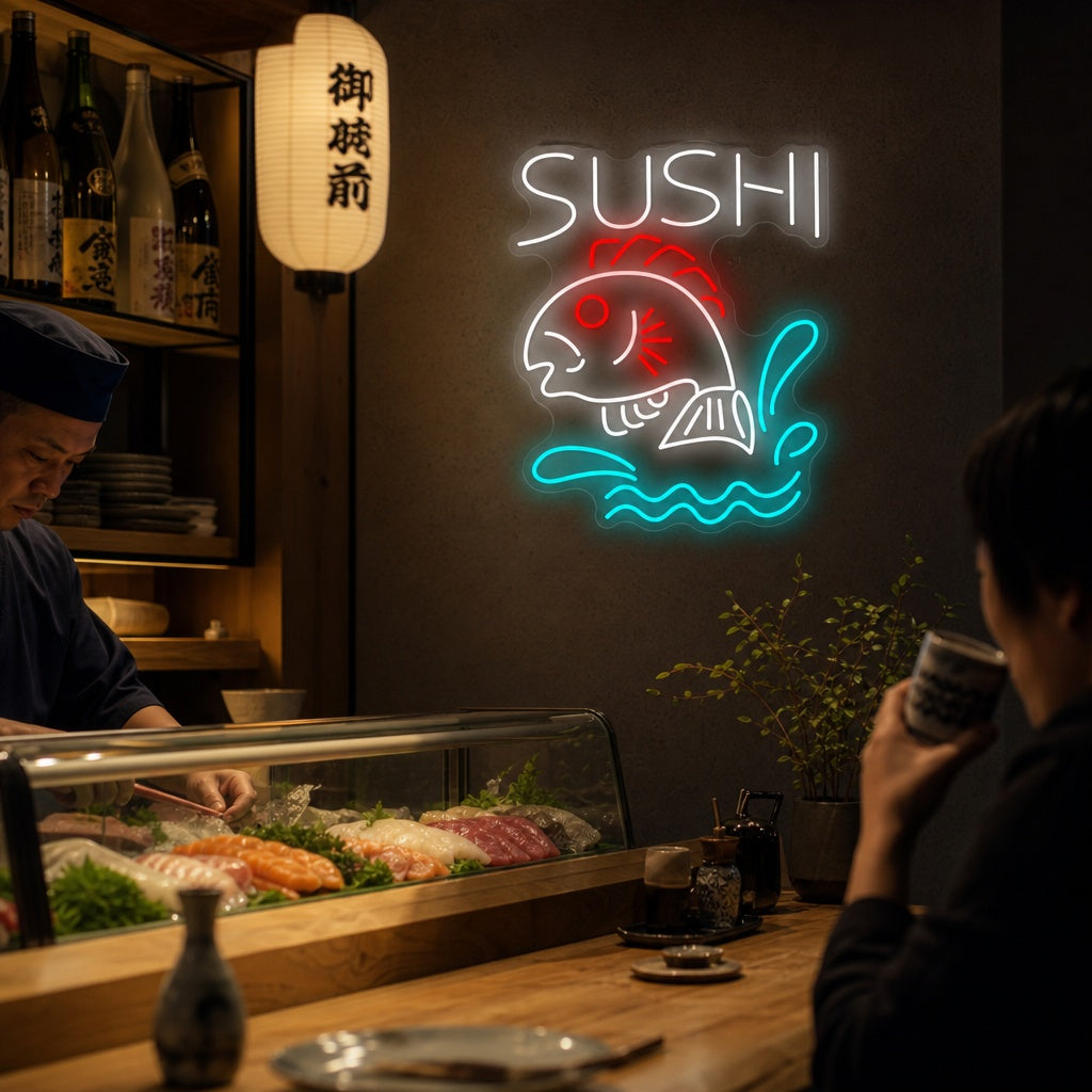 Sushi Fish Shop Letrero de neón, Decoración de restaurantes japoneses