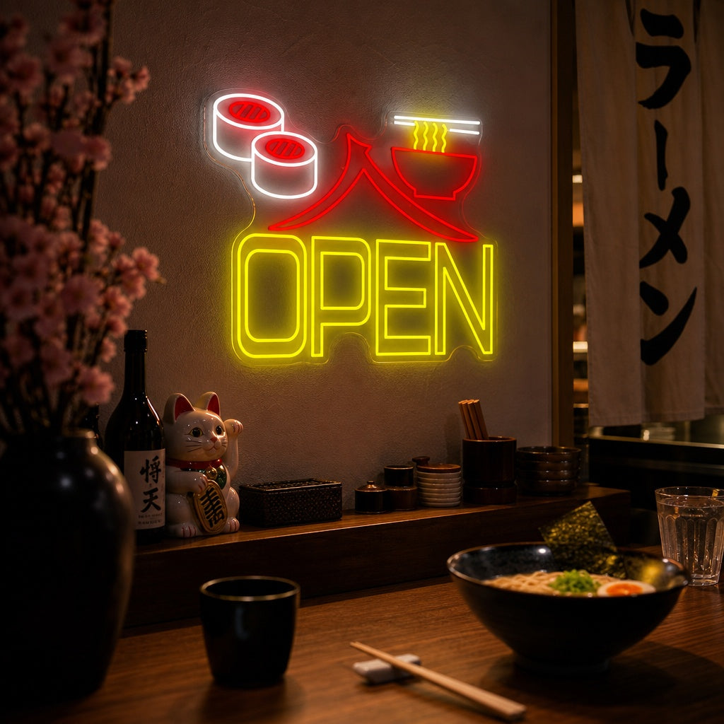 Sushi Ramen Open Letrero de neón, Decoración de restaurantes japoneses