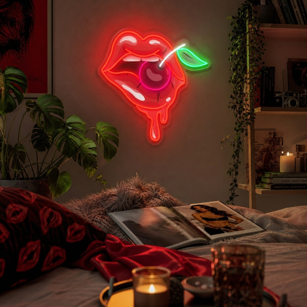 "Mujer labios con cereza" Letrero de neón LED impreso con UV