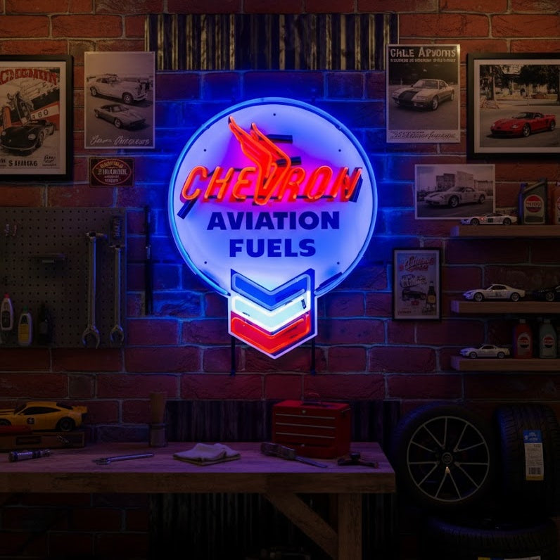 Blue, red, and white Chevron Aviation Fuels neon sign with retro styling, ideal for classic car garages.