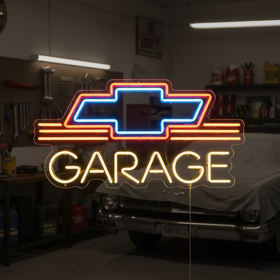 Neon sign with Chevrolet bowtie logo and “Garage” text, in red, blue, and yellow, great for muscle car fans.