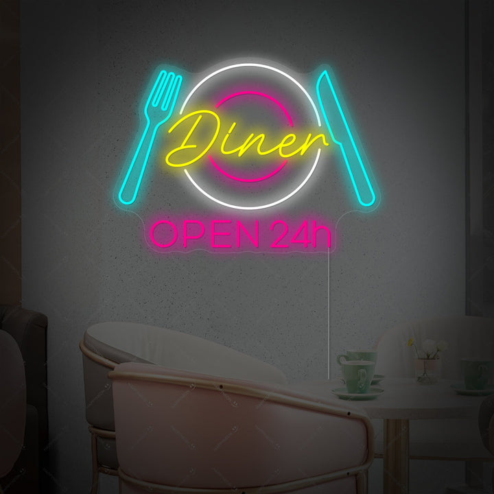 "Dinner Open 24h" Letrero de neón