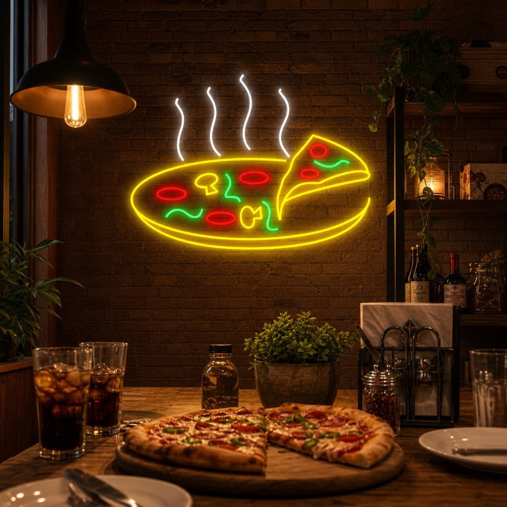 "Pizza caliente y deliciosa" Letrero de neón