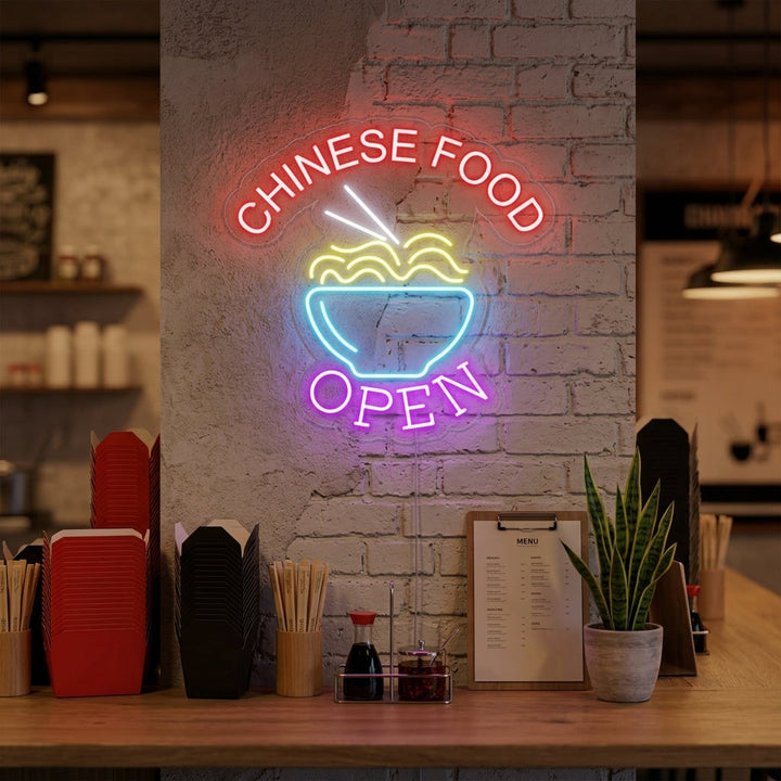 "Chinese Food Open, Fideos" Letreros Neon