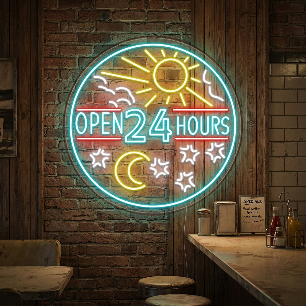 "Open 24 Hours" Letreros Neon