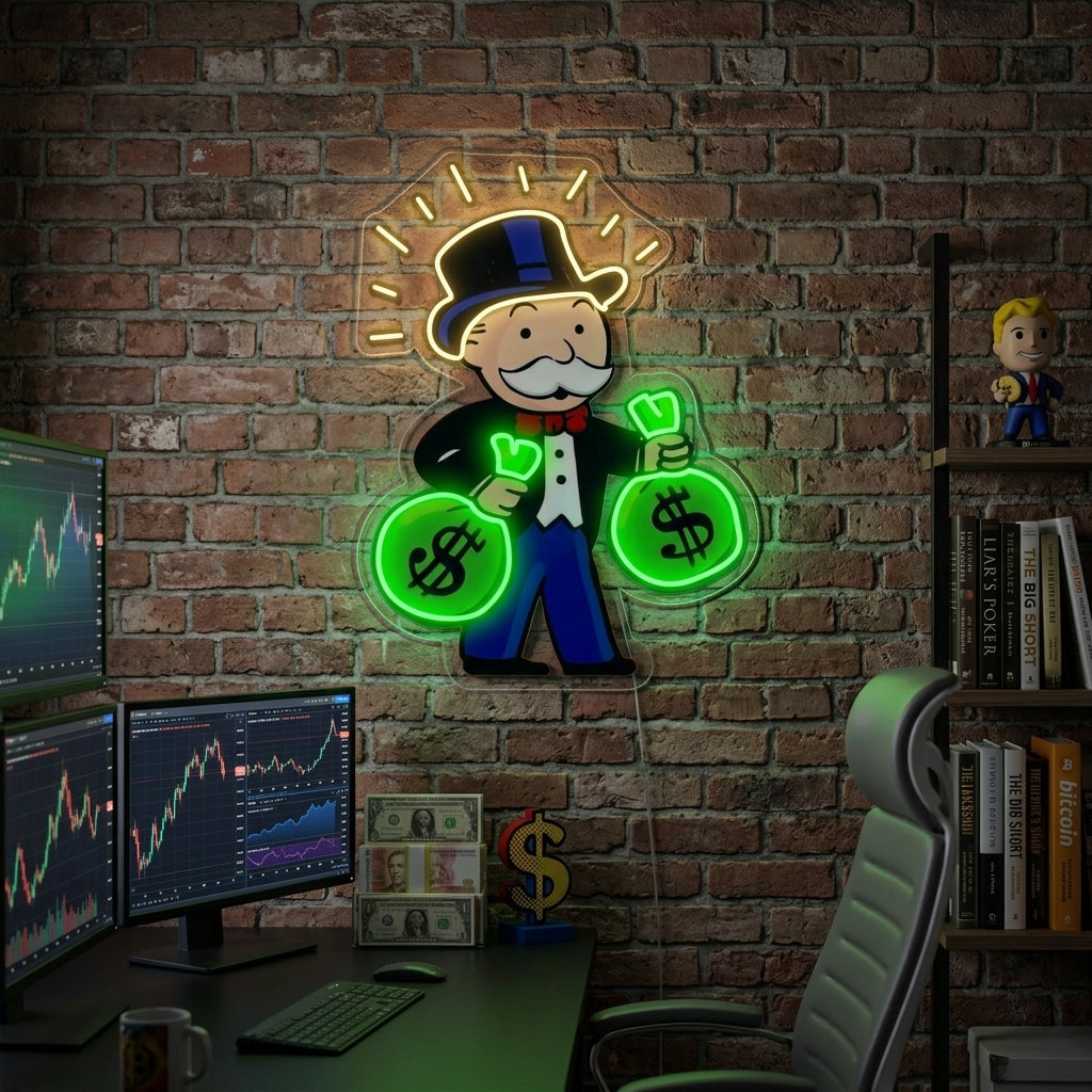 "Hombre Del Monopoly Con Bolsa De Dinero" Letreros Neon