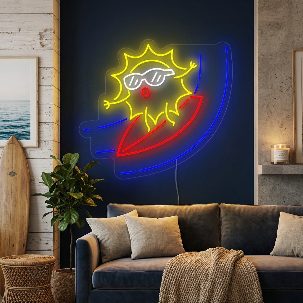 "Sol De Dibujos Animados En Una Tabla De Surf" Letreros Neon