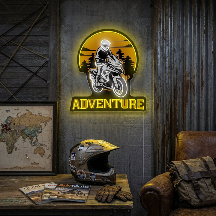 "Motociclista Montando Aventura En Moto" Letrero de neón