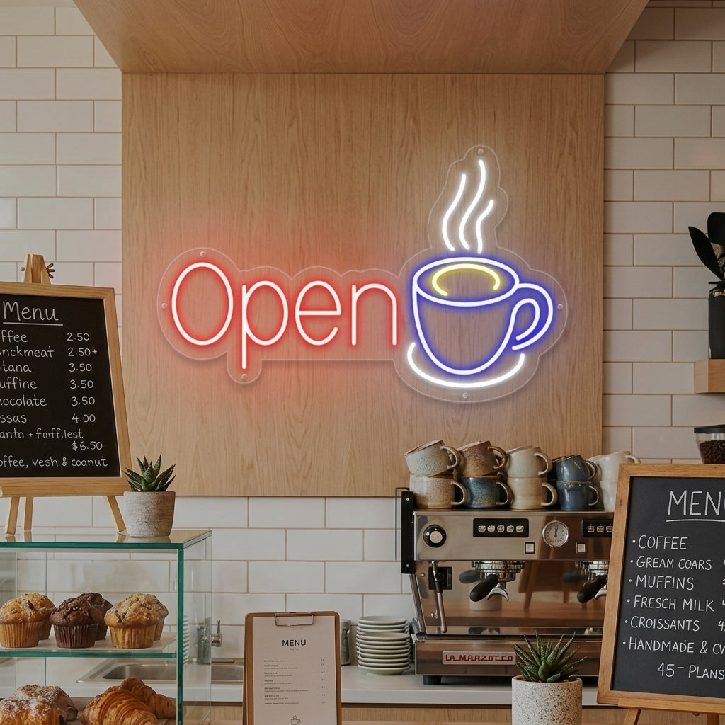 "Open, Taza de café" Letreros Neon