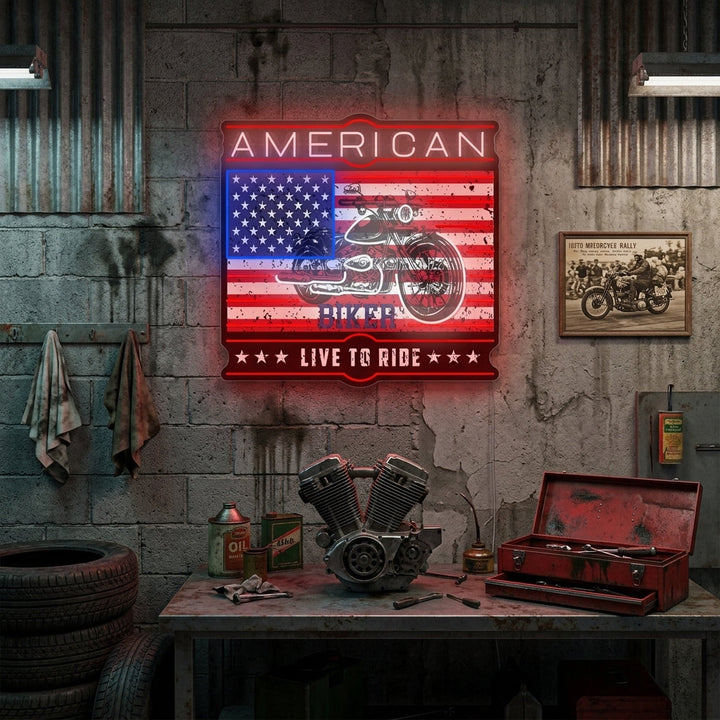 "American Biker Live To Ride" Letrero de neón