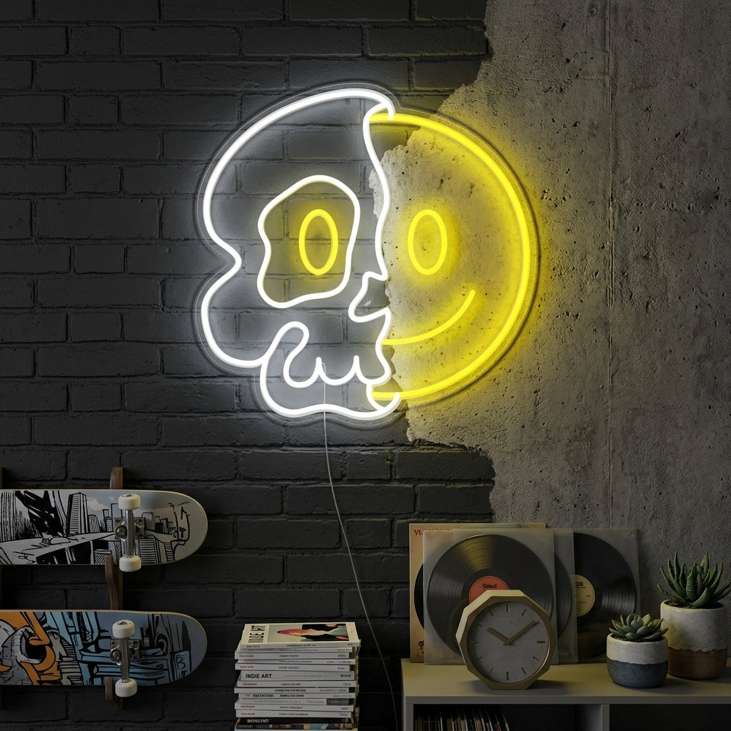 "Media Calavera Con Cara Sonriente UV Print" Letreros Neon