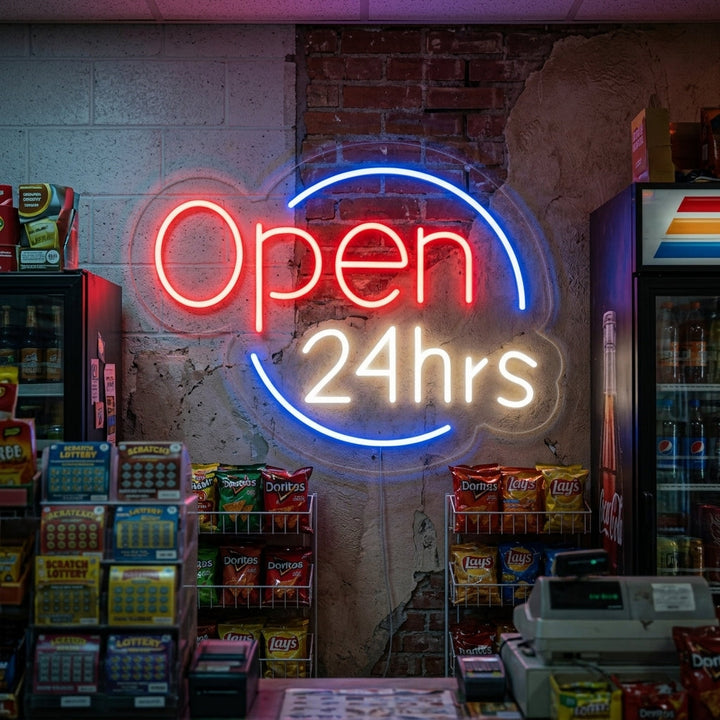 "Open 24 Hrs" Letreros Neon