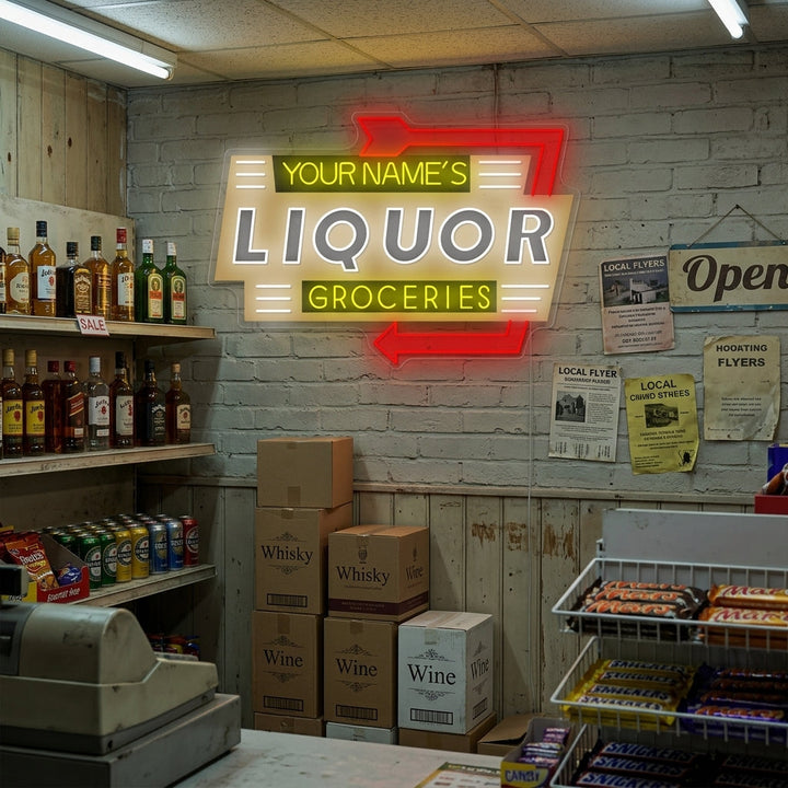 "Custom Liquor Groceries" Letrero de neón
