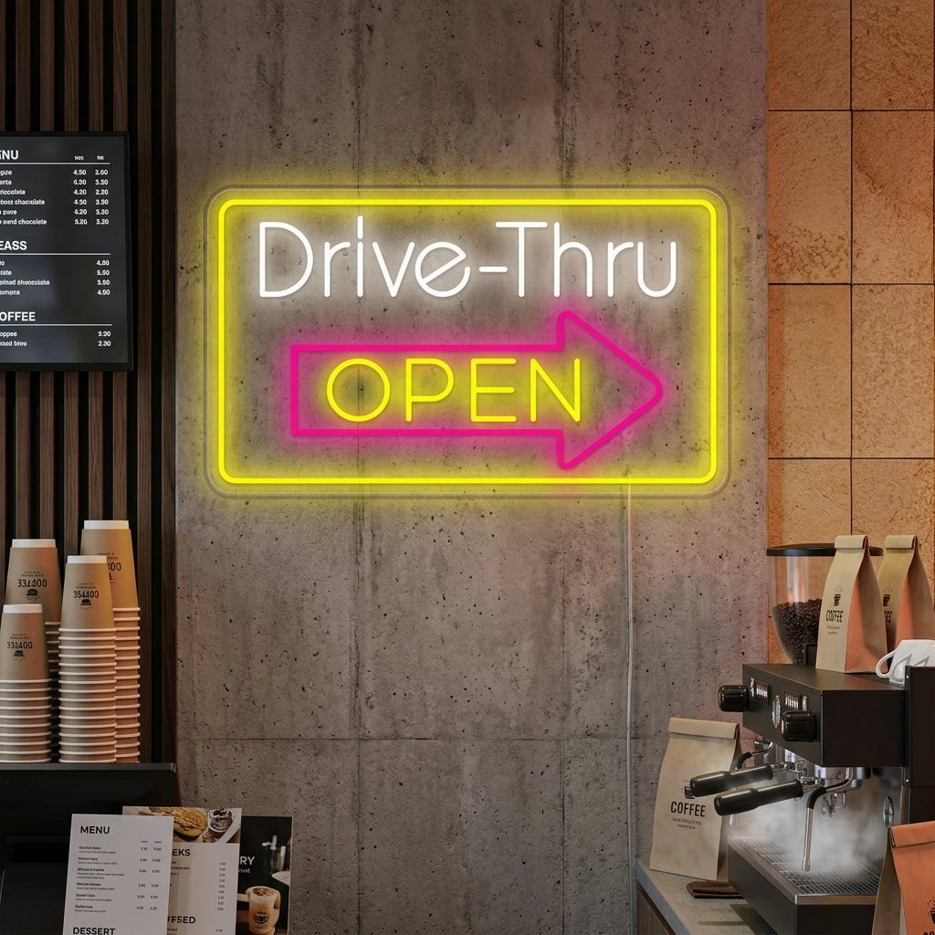 "Drive Thru Open" Letrero de neón