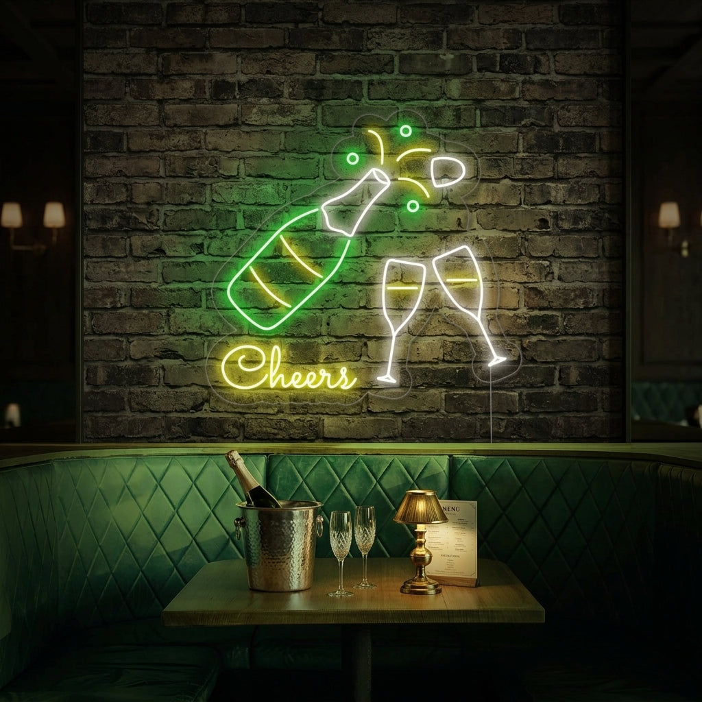 "Botella De Champán, Copas De Champán, Cheers" Letreros Neon