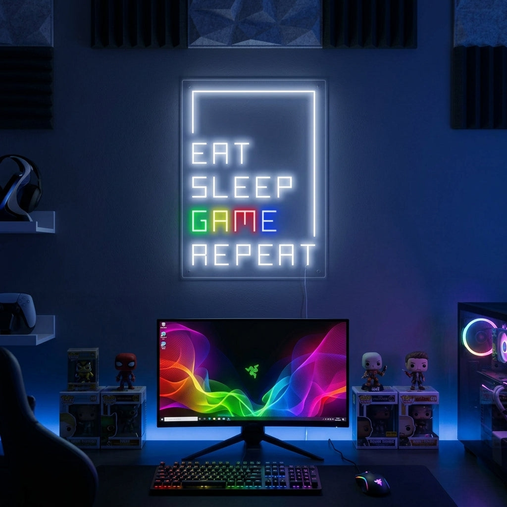 "Eat Sleep Game Repeat, Decoración De Jugador" Letreros Neon