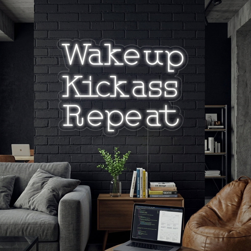 "Wake Up Kick Ass Repeat" Letreros Neon