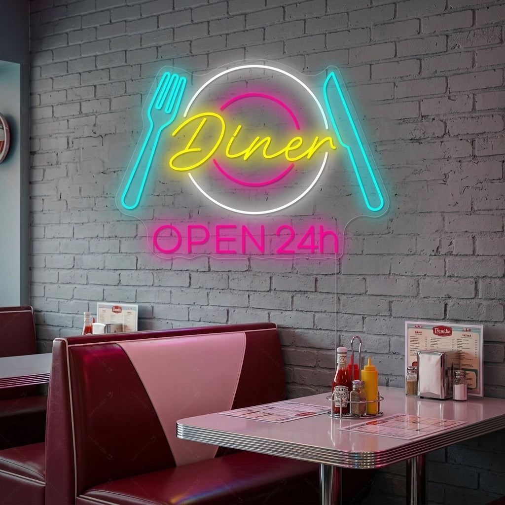 "Dinner Open 24h" Letrero de neón