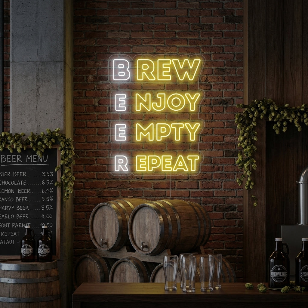 "Brew Enjoy Empty Repeat Beer Bar" Letreros Neon