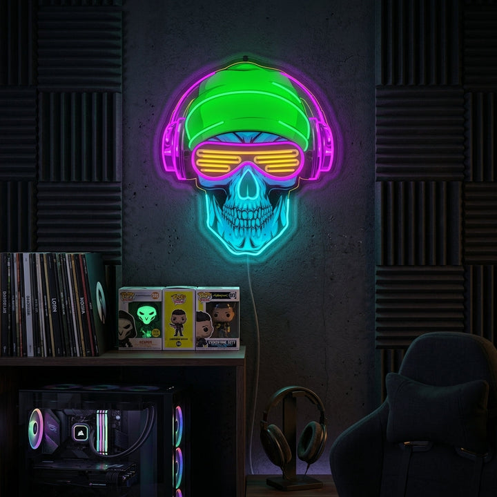 "Cráneo con auriculares" Letrero de neón