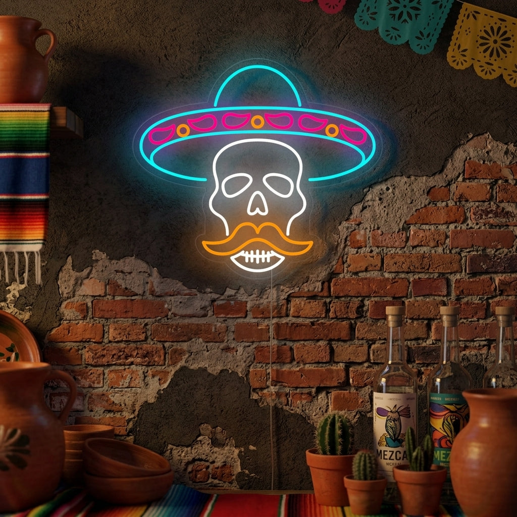 "Calavera En Sombrero Para El Dia De Los Muertos" Letreros Neon