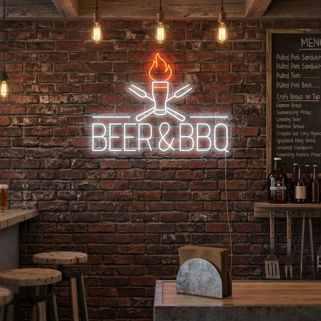"Beer And BBQ" Letrero de neón
